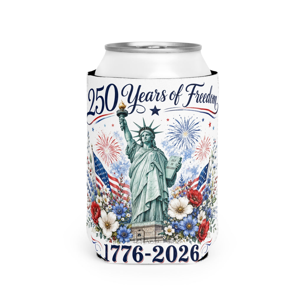 250 Years of Freedom Can Cooler Sleeve – 1776-2026 Statue of Liberty Patriotic 4th of July Koozie