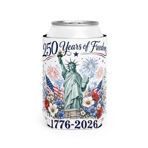 250 Years of Freedom Can Cooler Sleeve – 1776-2026 Statue of Liberty Patriotic 4th of July Koozie