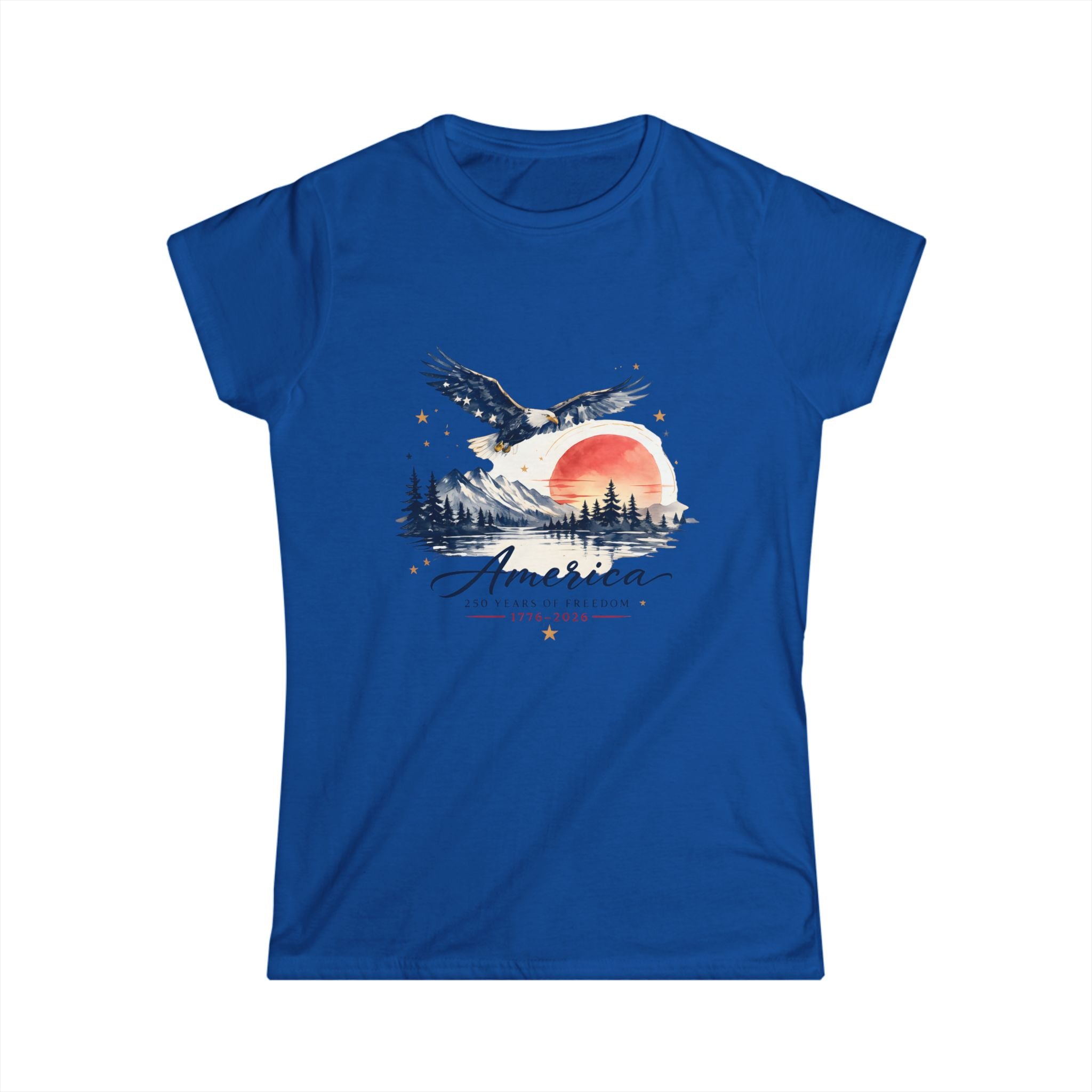 America 250 Years of Freedom Women's Patriotic T-Shirt | Watercolor Eagle & Mountain Landscape | 1776–2026