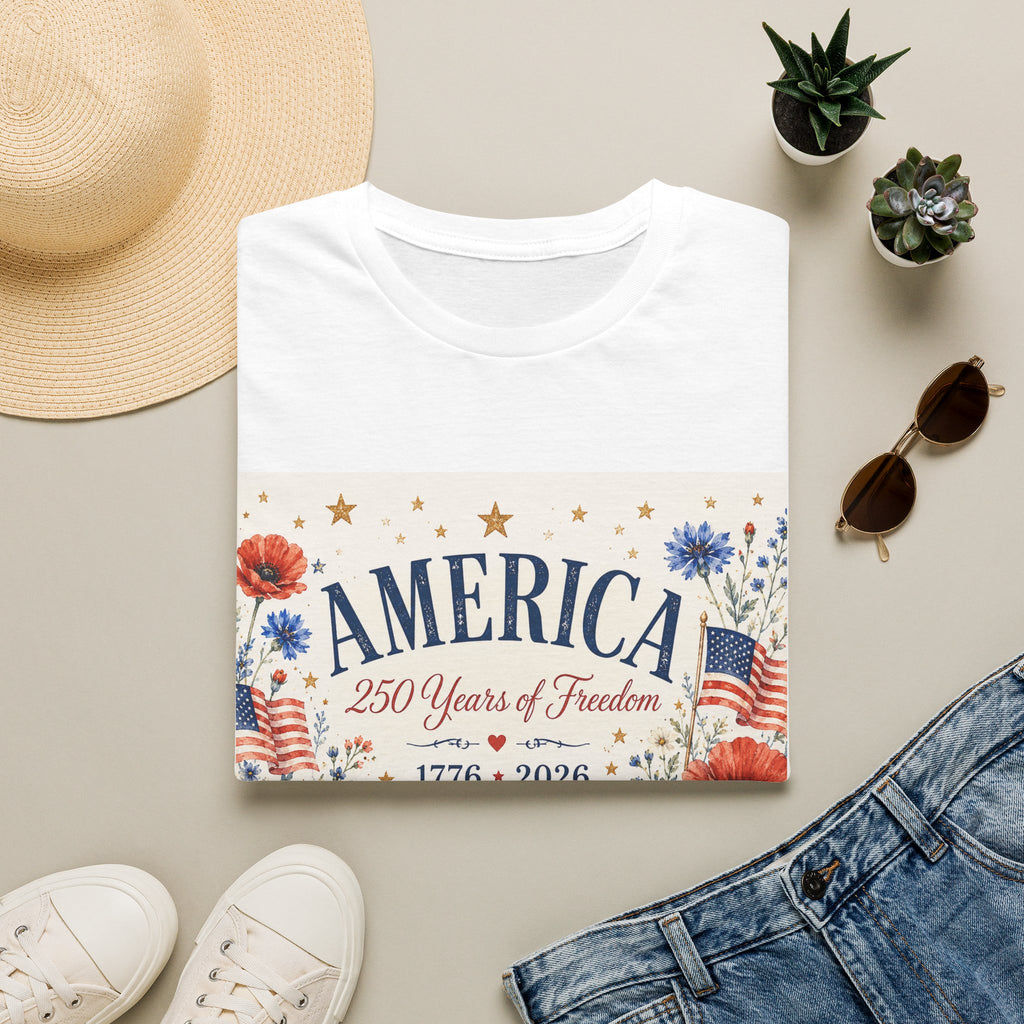 America 250th Anniversary T-Shirt — "250 Years of Freedom" Patriotic Floral Tee