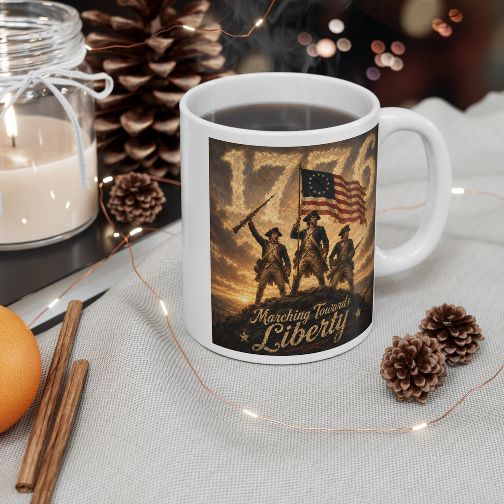 Marching Towards Liberty Mug | America 250 Revolutionary War Coffee Mug | 1776–2026 Patriotic Gift