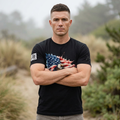 American Grit – Tattered Flag Patriotic T-Shirt | Black Tee with Sleeve Detail | 250th Anniversary