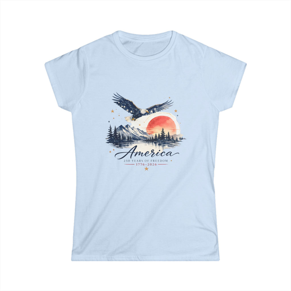 America 250 Years of Freedom Women's Patriotic T-Shirt | Watercolor Eagle & Mountain Landscape | 1776–2026
