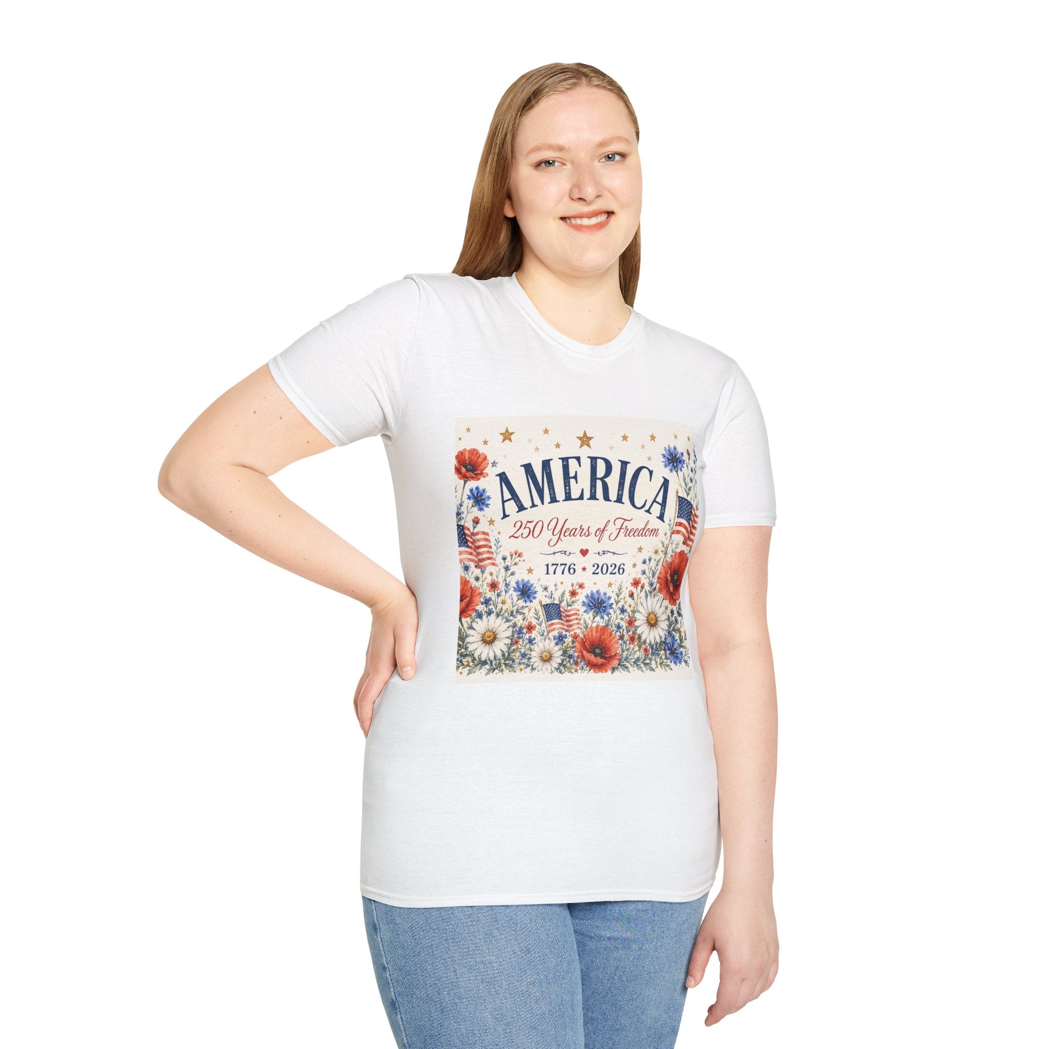America 250th Anniversary T-Shirt — "250 Years of Freedom" Patriotic Floral Tee