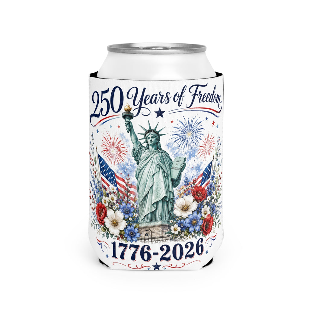 250 Years of Freedom Can Cooler Sleeve – 1776-2026 Statue of Liberty Patriotic 4th of July Koozie