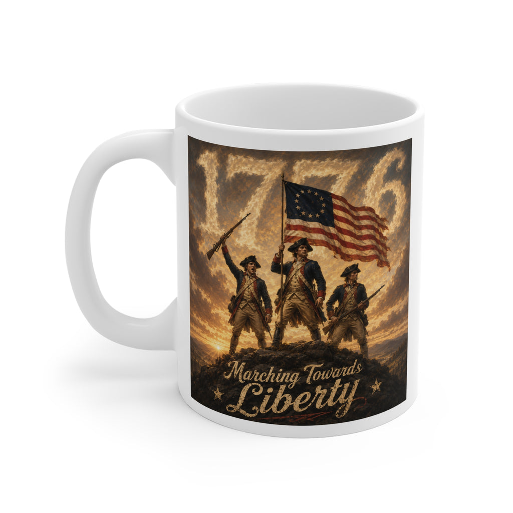 Marching Towards Liberty Mug | America 250 Revolutionary War Coffee Mug | 1776–2026 Patriotic Gift