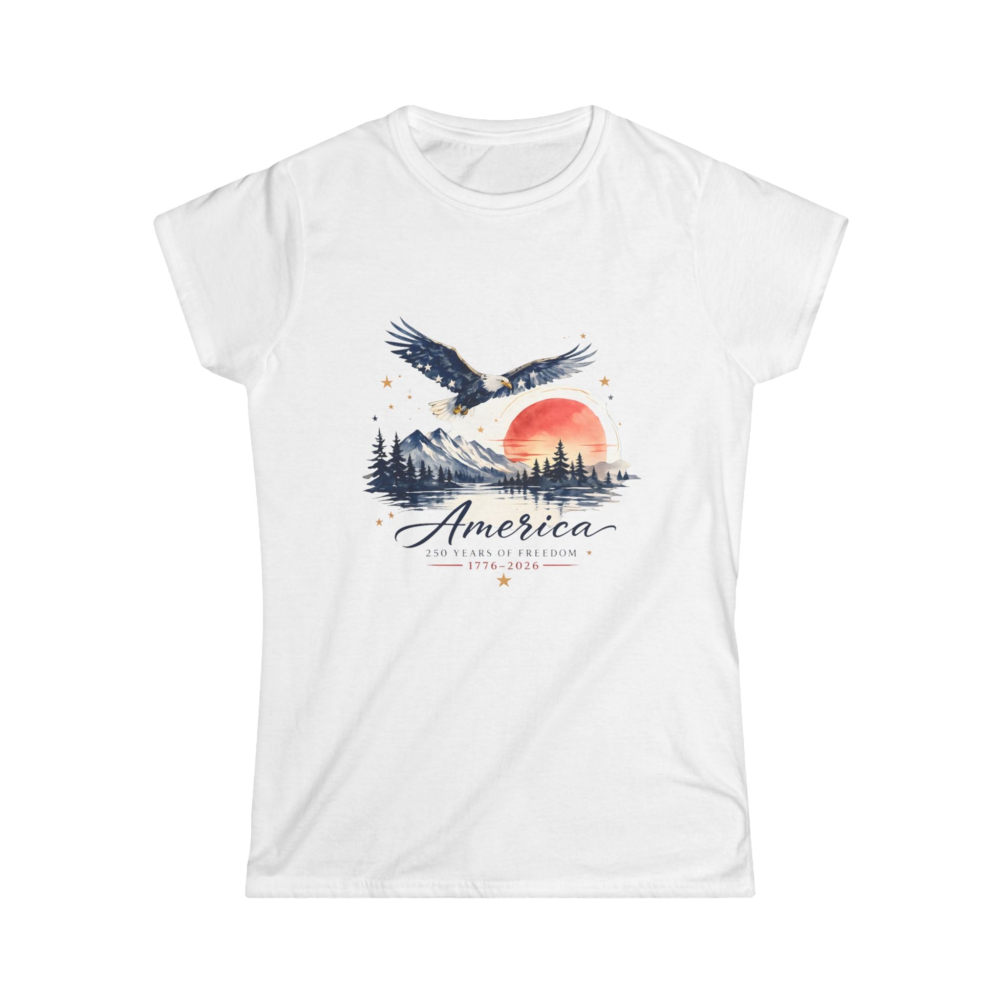 America 250 Years of Freedom Women's Patriotic T-Shirt | Watercolor Eagle & Mountain Landscape | 1776–2026