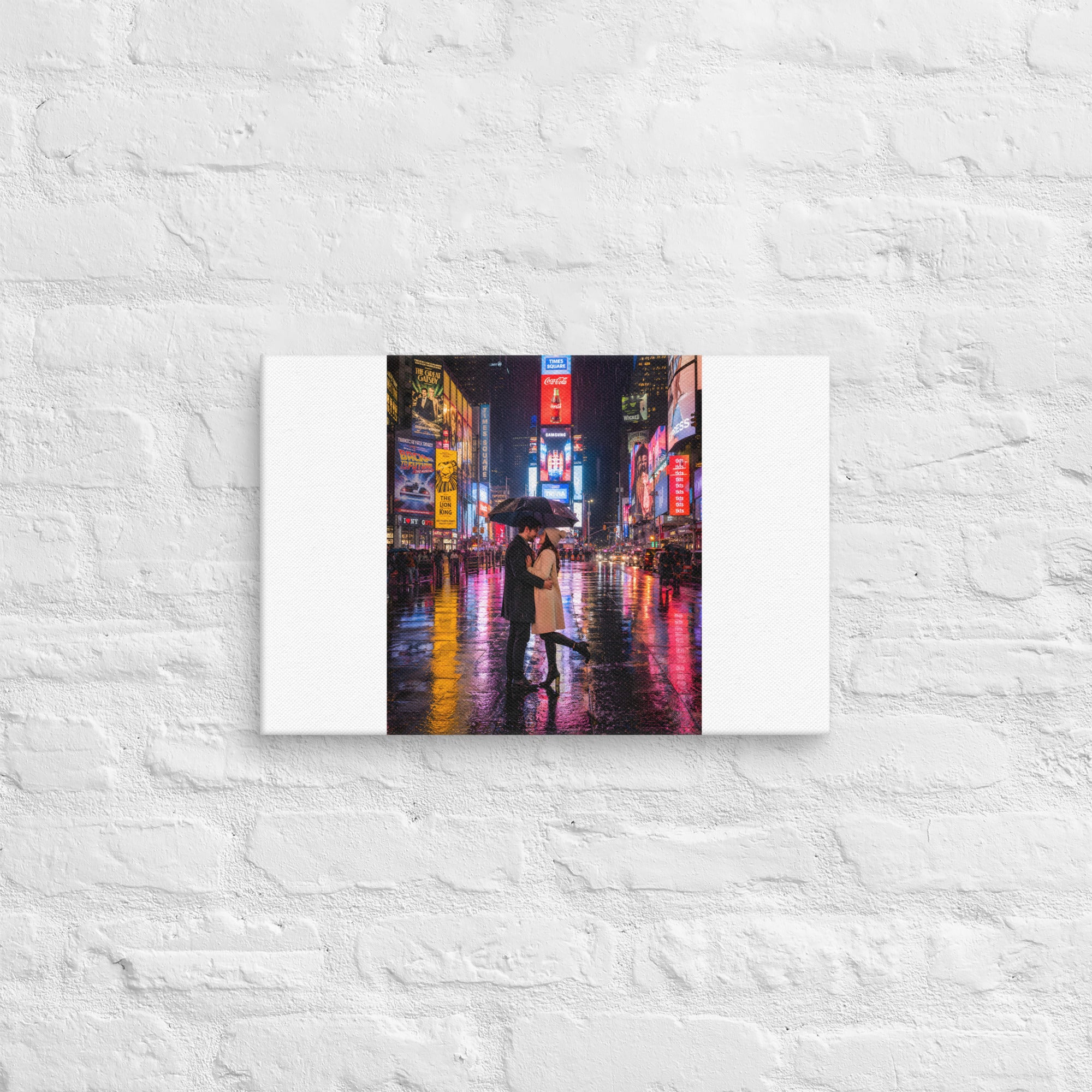 CanvaRomantic Couple in Rainy Times Square at Night – Neon Lights NYC Street Photographys | Va's Creative Haven