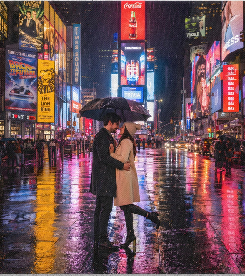 CanvaRomantic Couple in Rainy Times Square at Night – Neon Lights NYC Street Photographys | Va's Creative Haven