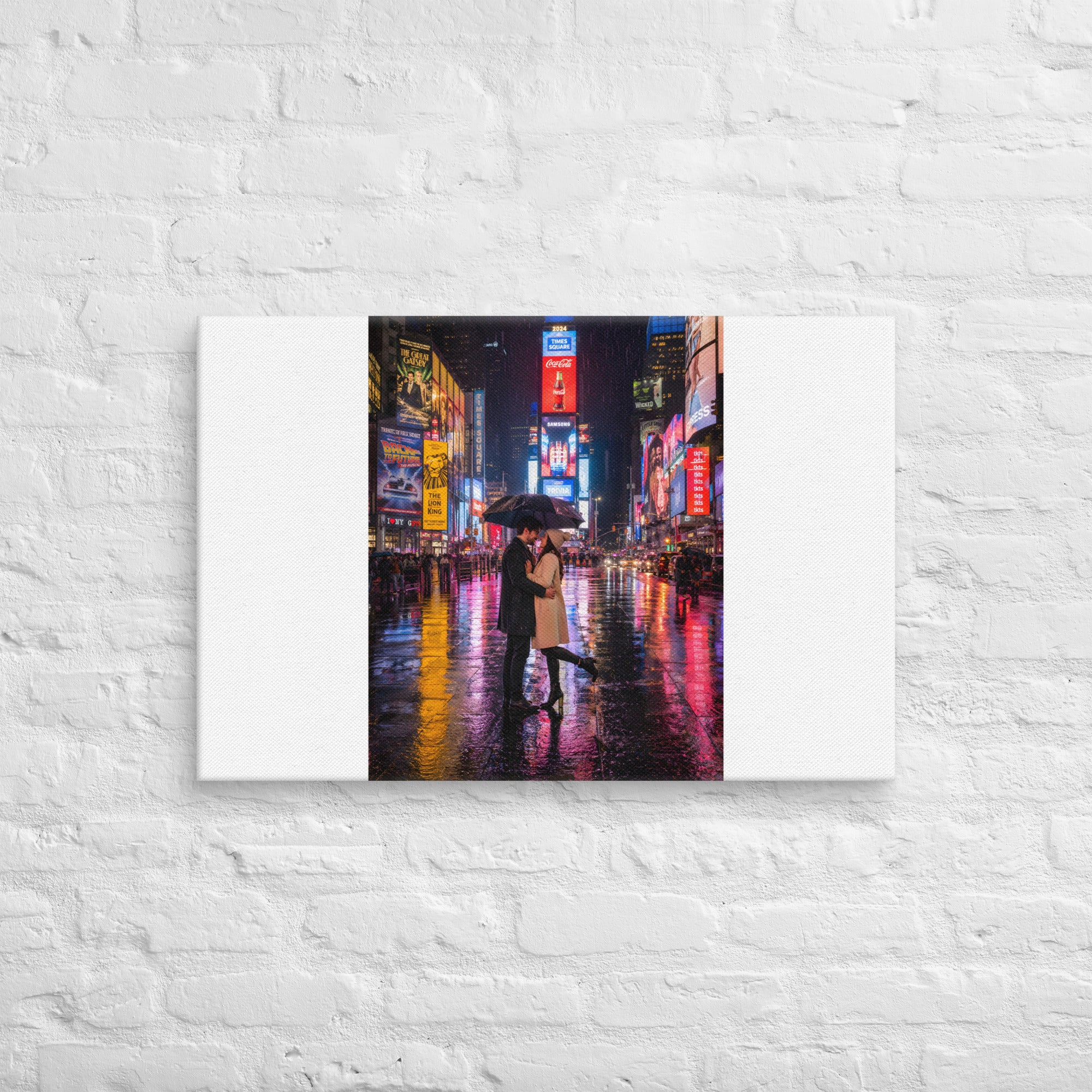 CanvaRomantic Couple in Rainy Times Square at Night – Neon Lights NYC Street Photographys | Va's Creative Haven
