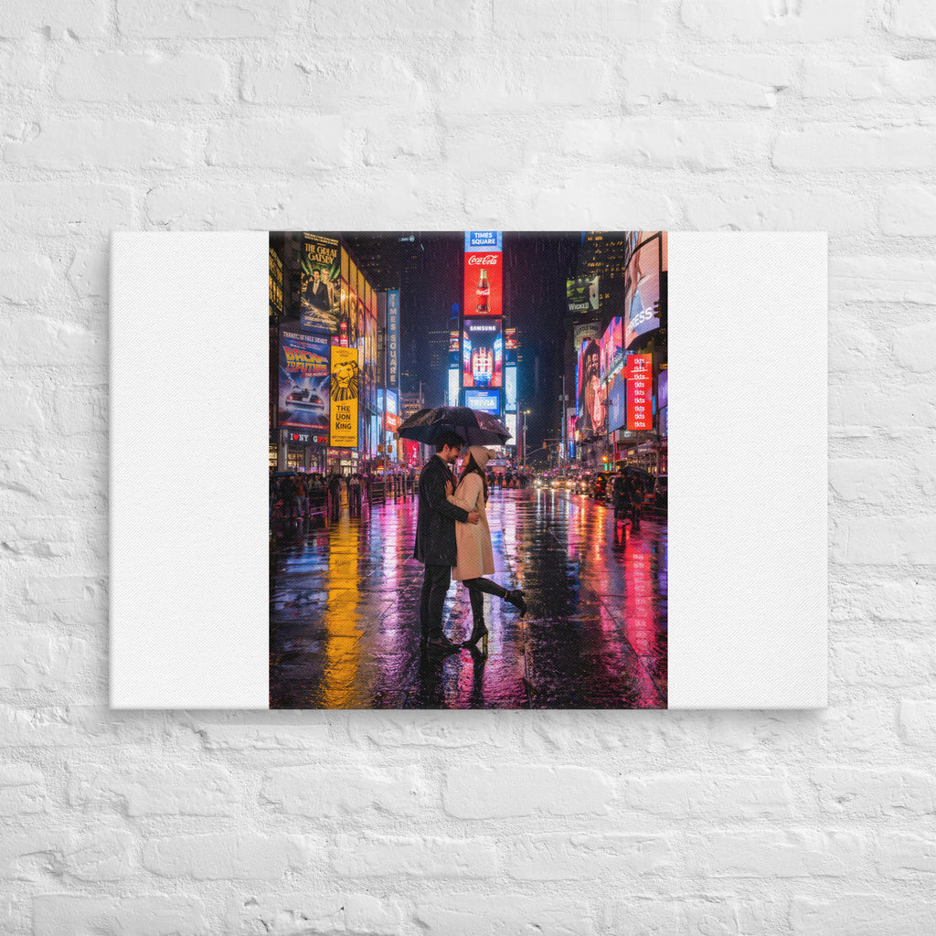 CanvaRomantic Couple in Rainy Times Square at Night – Neon Lights NYC Street Photographys | Va's Creative Haven